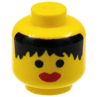 Minifigure, Head Female Black Hair Messy, Thick Red Lips Pattern - Solid Stud