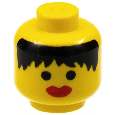 Minifigure, Head Female Black Hair Messy, Thick Red Lips Pattern - Solid Stud
