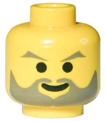 Minifigure, Head Dark Gray Angled Eyebrows and Beard, Standard Grin Pattern