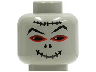 Minifigure, Head Alien Mummy with Black and Red Eyes, Eyebrows, Nose Holes, Stitched Smile Mouth and Forehead Scar Pattern