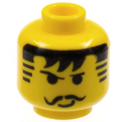 Minifigure, Head Black Thin Eyebrows, Curled Moustache, Hair with Bangs and Striped Sideburns, Small Lopsided Grin Pattern