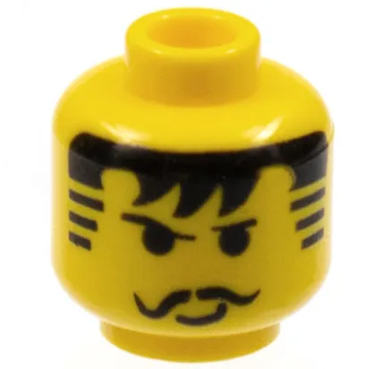 Minifigure, Head Black Thin Eyebrows, Curled Moustache, Hair with Bangs and Striped Sideburns, Small Lopsided Grin Pattern