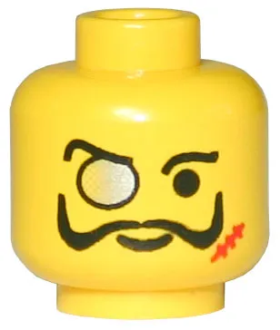 Minifigure, Head Black Eyebrows, Moustache with Upturned Ends, Monocle with Silver Lens, Red Scar, Standard Grin Pattern