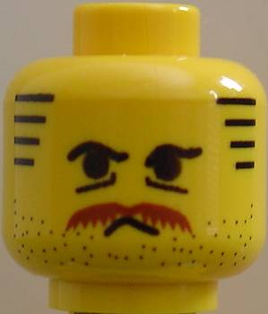 Minifigure, Head Moustache Brown Bushy, Stubble, Under-Eyes Wrinkles, Stripe Sideburns Pattern