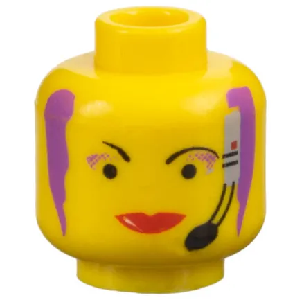 Minifigure, Head Female with Black Thin Eyebrows, Purple Hair and Eye Shadow, Headset with Microphone, and Red Lips Wide Pattern