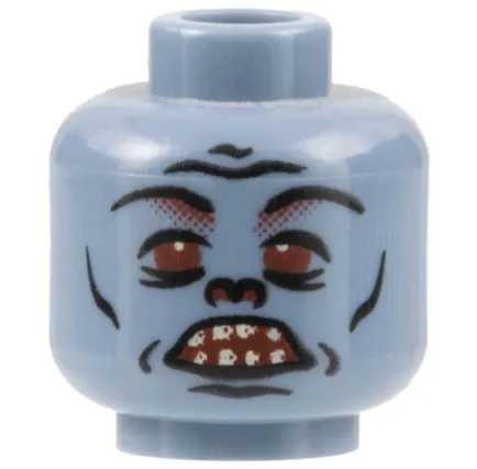 Minifigure, Head Alien Troll with Black Eyebrows, Eyelids, Nose, Cheek Lines, and Chin Dimple, Red Eyes and Nostrils, Open Mouth with Teeth Parted Pattern
