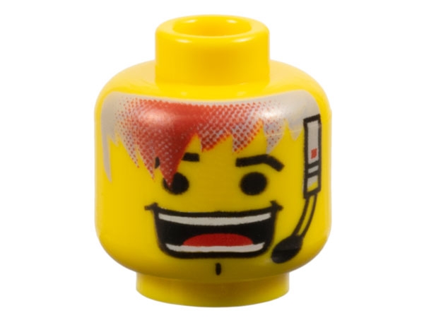 Minifigure, Head Black Eyebrows, Light Gray and Red Hair, Headset, Chin Dimple, Large Open Mouth Smile with Teeth Parted and Tongue Pattern