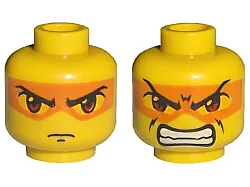 Minifigure, Head Dual Sided Exo-Force Brown Eyes with Orange Mask, Mouth Closed / Bared Teeth Pattern (Hikaru)