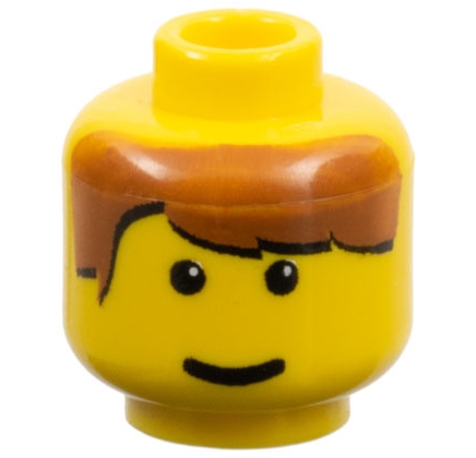 Minifigure, Head Brown Hair Parted on Right, Small Pupils, Grin Pattern