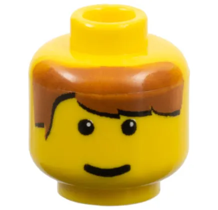 Minifigure, Head Brown Hair Parted on Right, Small Pupils, Grin Pattern