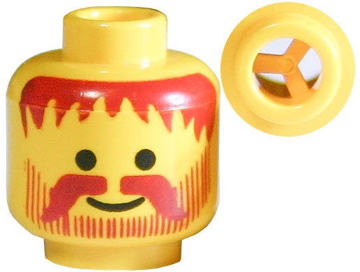 Minifigure, Head Standard Grin with Dark Red Messy Hair, Moustache, and Vertical Lines Beard Pattern