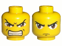 Minifigure, Head Dual Sided Exo-Force Brown Eyes, Scowl with Mouth Closed / Bared Teeth Pattern (Ryo Gate Guard)