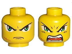 Minifigure, Head Dual Sided Exo-Force Green Eyes with Frown and Scar / Open Mouth Pattern (Takeshi)