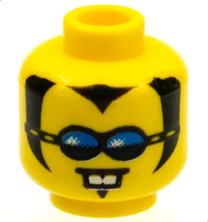 Minifigure, Head Black Widow's Peak, Sideburns and Soul Patch, Sunglasses with Blue Lenses, Neutral with White Buck Teeth Pattern
