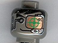 Minifigure, Head Alien with Black Hair, Headset, Green and Copper Eye Grid Pattern
