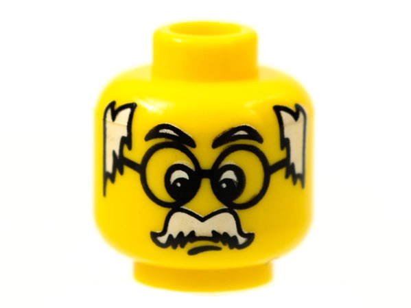 Minifigure, Head Moustache White Hair on Sides, and Large Glasses Pattern