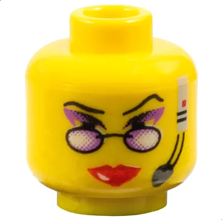 Minifigure, Head Female Black Thin Eyebrows, Purple Eye Shadow, Reading Glasses, Red Lips, Headset with Microphone Pattern