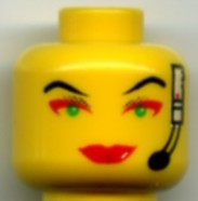 Minifigure, Head Female with Red Lips, Green Eyes, Red Eye Shadow, Headset Pattern (Cam)