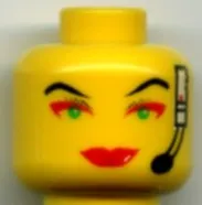 Minifigure, Head Female with Red Lips, Green Eyes, Red Eye Shadow, Headset Pattern (Cam)