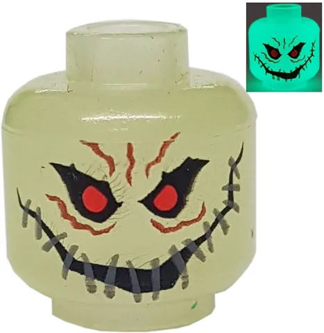 Minifigure, Head Alien with Red Eyes, Teeth and Wide Stitched Smile Pattern (Scarecrow)