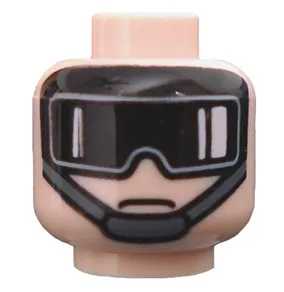 Minifigure, Head Black Goggles with White Reflections, Dark Bluish Gray Chin Strap, Neutral Pattern