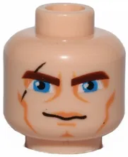 Minifigure, Head Reddish Brown Thick Eyebrows, Large Blue Eyes, Black Scar, Nougat Eye Shadow, Upper Lip, Cheek Lines and Chin Dimple, Slight Grin Pattern