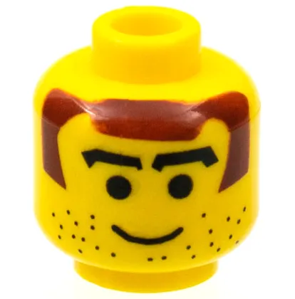 Minifigure, Head Black Thick Blocky Eyebrows, Dark Red Hair and Sideburns, Beard Stubble, Grin Pattern