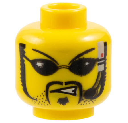 Minifigure, Head Black Thin Eyebrows, Sunglasses, Moustache, Stubble and Soul Patch, Headset with Microphone, Angry Scowl with Teeth Pattern