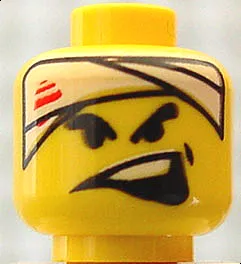 Minifigure, Head Black Thick Eyebrows, White Head Bandage with Red Streaks, Dimple, Wide Lopsided Open Mouth with Top Teeth Pattern