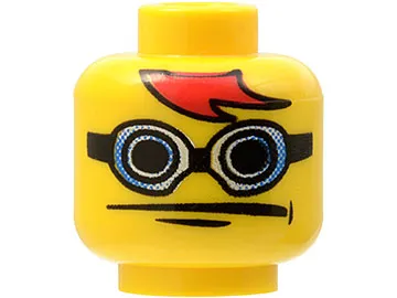 Minifigure, Head Blue and White Goggles with Black Strap, Red Hair Bangs, Chin Dimple, Wide Neutral Pattern