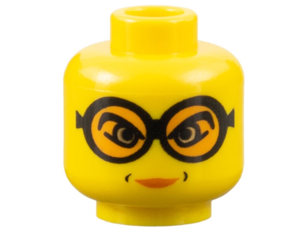 Minifigure, Head Female Glasses with Orange Goggles, Dimples Around Lips Pattern