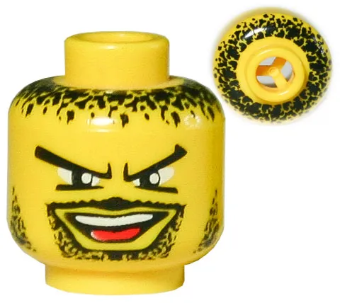 Minifigure, Head Moustache Open Mouth, Goatee, V Brow Eyes, Black Hair, Stubble Pattern