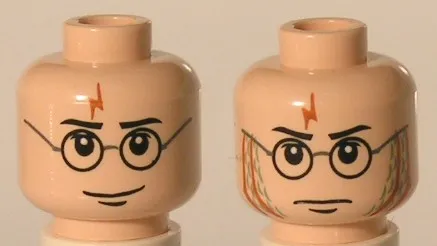 Minifigure, Head Dual Sided Black Eyebrows, Upper Eyelids, Glasses with Round Frames, Chin Dimple, Dark Orange Lightning Bolt, Wide Grin / Stern with Gills and Scales Pattern