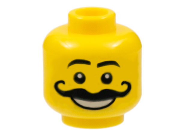 Minifigure, Head Moustache Curly Long Thick, White Grin, Raised Eyebrows Pattern