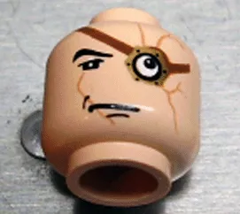 Minifigure, Head Black Eyebrow, Upper Eyelid, Gold Monocle with Reddish Brown Strap over Large White Eye, Medium Nougat Scars, Chin Dimple, Lopsided Frown Pattern
