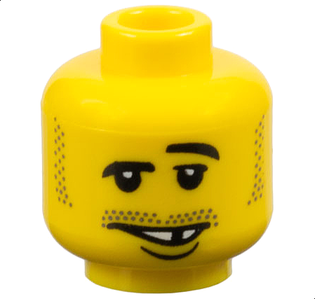 Minifigure, Head Black Eyebrows, Left Raised, Moustache and Sideburns Stubble, Lopsided Open Mouth Smile with Teeth and Lower Lip, Missing Tooth Pattern