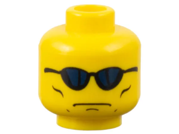 Minifigure, Head Glasses with Blue Sunglasses, Grim Face with Cheek Lines Pattern