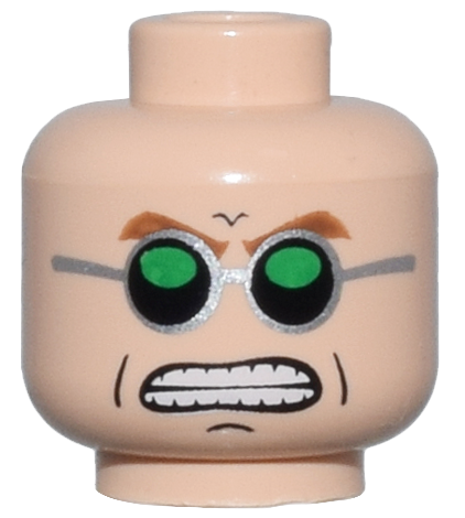 Minifigure, Head Brown Eyebrows, Silver Glasses with Black and Green Lenses, Cheek Lines, Chin Dimple, Bared Teeth Pattern