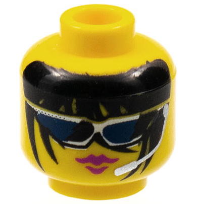 Minifigure, Head Female Dark Blue Sunglasses, Silver Microphone, Black Long Hair, and Purple Lips Pattern (Radia)