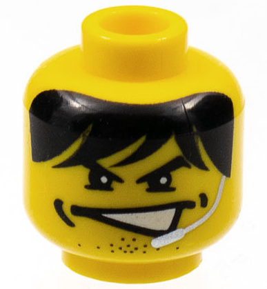 Minifigure, Head Male Partially Open Mouth, Black Shaggy Hair, Dimples, Stubble, and Silver Microphone Pattern (Charge)