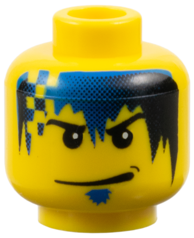 Minifigure, Head Black and Blue Hair, Checkered, Soul Patch Pattern (Zed)