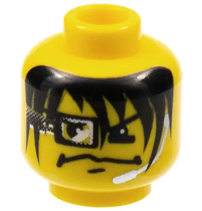 Minifigure, Head Male Grim Expression, Black Hair with Long Bangs, Silver Microphone, and Square Eye Device Pattern (Arrow)