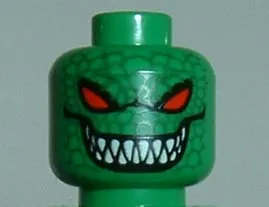 Minifigure, Head Alien with Red Eyes, Grin with Sharp Teeth, Reptile Scales Pattern
