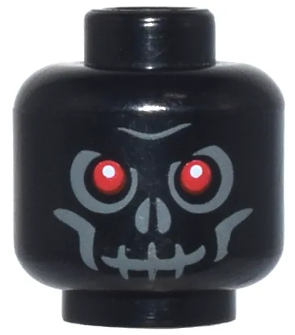 Minifigure, Head Skull with Red Eyes, Dark Bluish Gray Eye Shadow, Cheek Lines, Mouth and Nostrils, Furrowed Brow, Evil Grin Pattern
