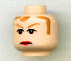 Minifigure, Head Female Brown Hair and Eyebrows, Red Lips Frown Pattern