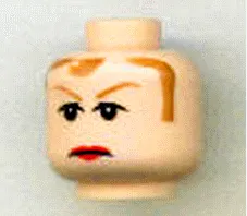 Minifigure, Head Female Brown Hair and Eyebrows, Red Lips Frown Pattern