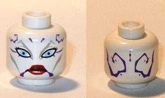 Minifigure, Head Alien SW Dathomirian Zabrak with Light Bluish Gray Eyebrows and Cheek Lines, Black Eyelashes, Large Bright Light Blue Eyes, Dark Purple Markings, Red Lips, Stern Pattern