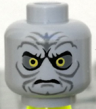 Minifigure, Head Yellow Eyes, Dark Bluish Gray Eye Shadow, Jowl Lines, Chin Dimple and Wrinkles, Furrowed Brow, Stern Pattern