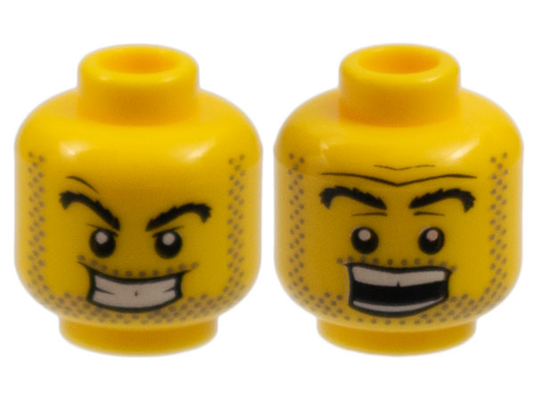 Minifigure, Head Dual Sided Power Miner Thick Eyebrows and Stubble, Evil Grin / Surprised Pattern