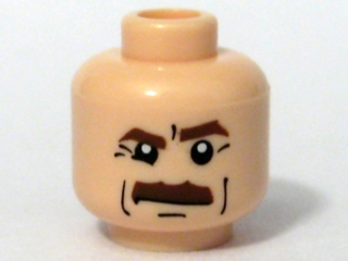 Minifigure, Head Reddish Brown Thick Eyebrows and Moustache, Right Lower Eyelid, Black Cheek Lines, Chin Dimple and Wrinkles, Stern Pattern